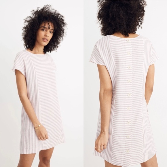 Madewell Dresses & Skirts - Madewell Purple White Stripe Play Button Back Linen Mini Dress